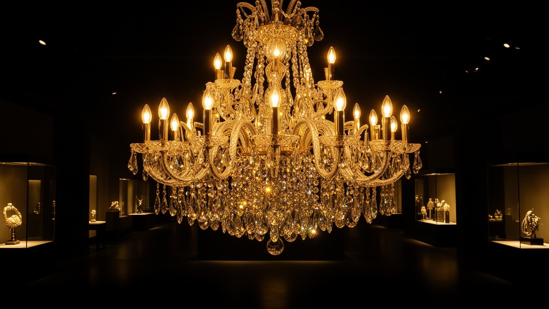 Crystal chandelier glowing in a dark showroom